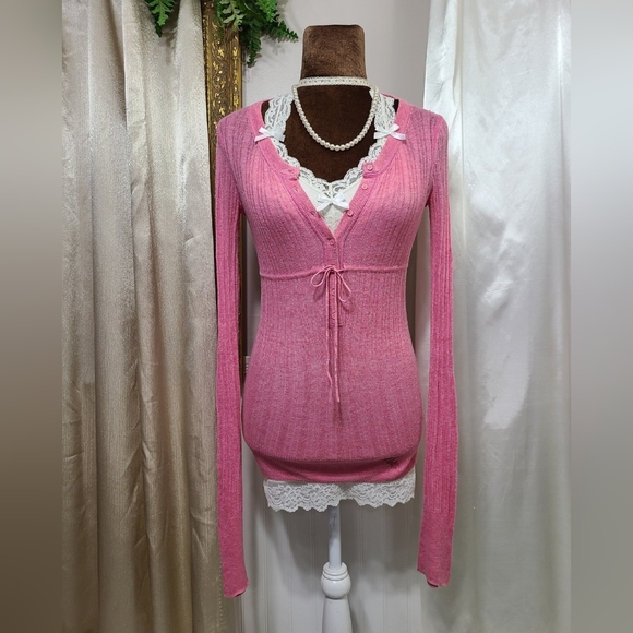 Abercrombie & Fitch Sweaters - ♡ Y2K ♡ Abercrombie Pink Rabbit Hair Waist Tie Babydoll Henley Sweater